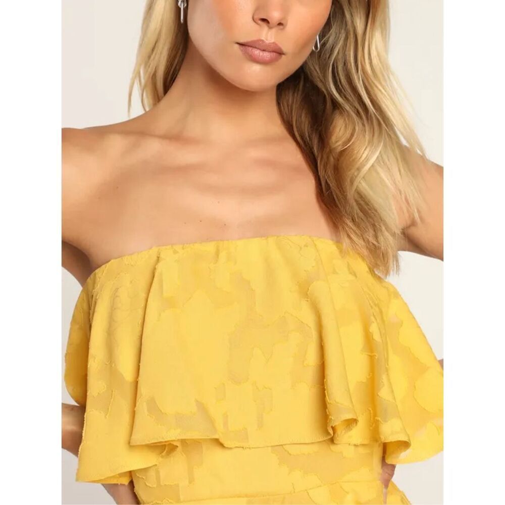 Lulu’s True Lover Mustard Yellow Burnout Floral Strapless Mini Dress - Picture 11 of 12